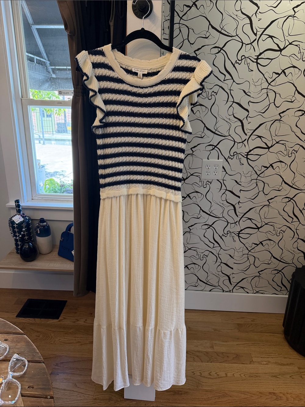 Striped Knit Bodice Cream Maxi Dress